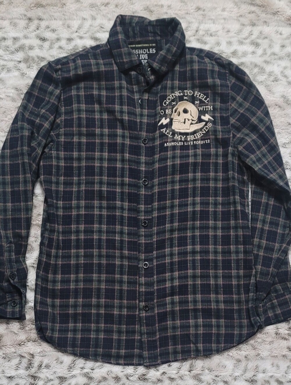 Men's Navy Plaid Button-Up Shirt with Skull Graphic A$$holes Live Forever